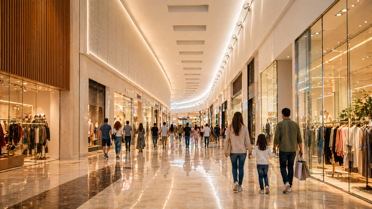Famille faisant ses courses dans une galerie commerçante